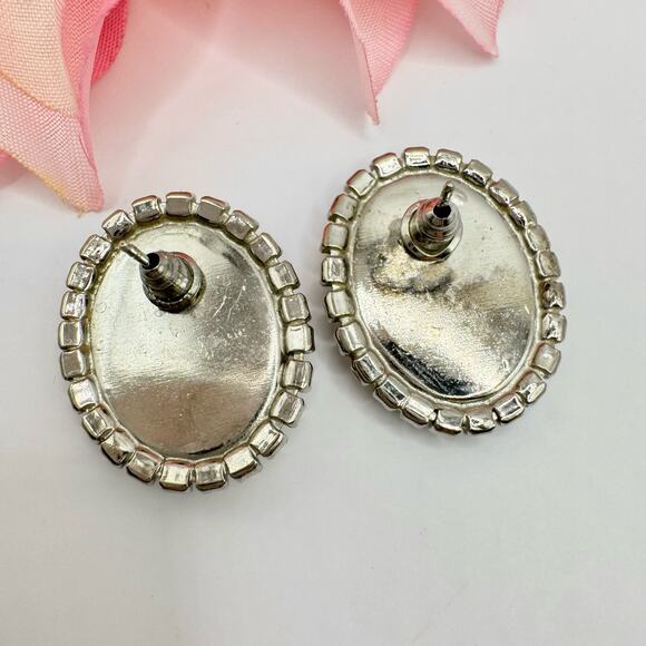 Vintage Oval Black Rhinestone Bezel Old Hollywood Special Occasion Chic Earrings - Picture 5 of 9
